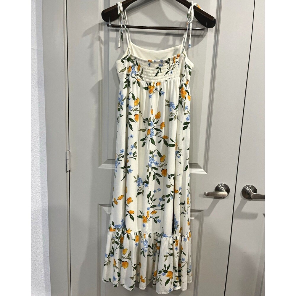 re:blu White Floral and Citrus Square Neck Tie Strap Ruffle Midi Sundress S 0101